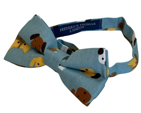 Medium denim blue adult bow tie with cute dog puppy design